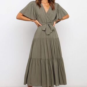 Tie Waist Tiered Short Sleeve Midi Dress Butterfly Sleeve Dark Olive